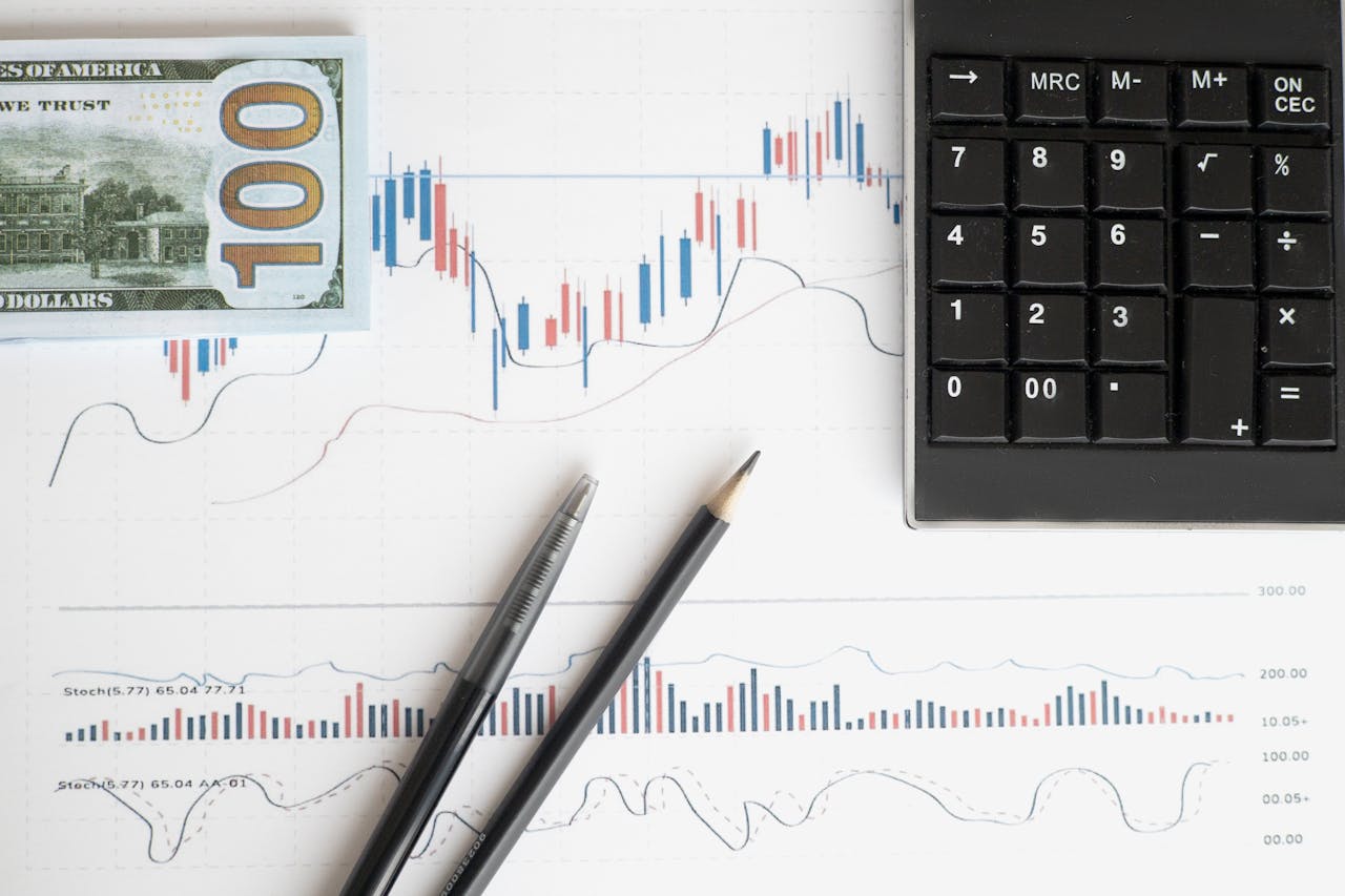 Stock analysis workspace featuring charts, a calculator, and currency for data-driven insights.